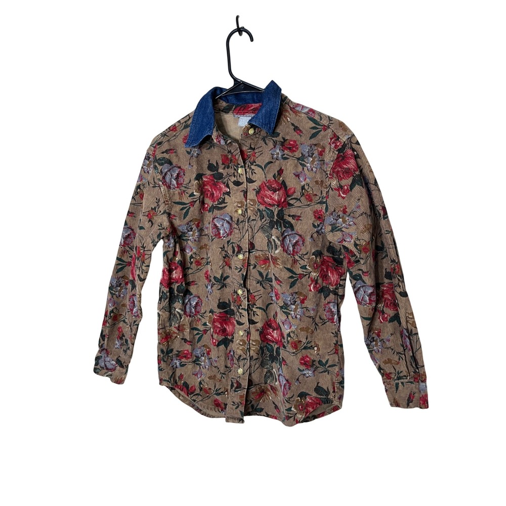 Vintage Capacity Tan Floral Corduroy Button Down Shirt Long Sleeve Size S